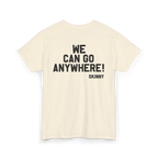 Beige t-shirt with black text on a white background