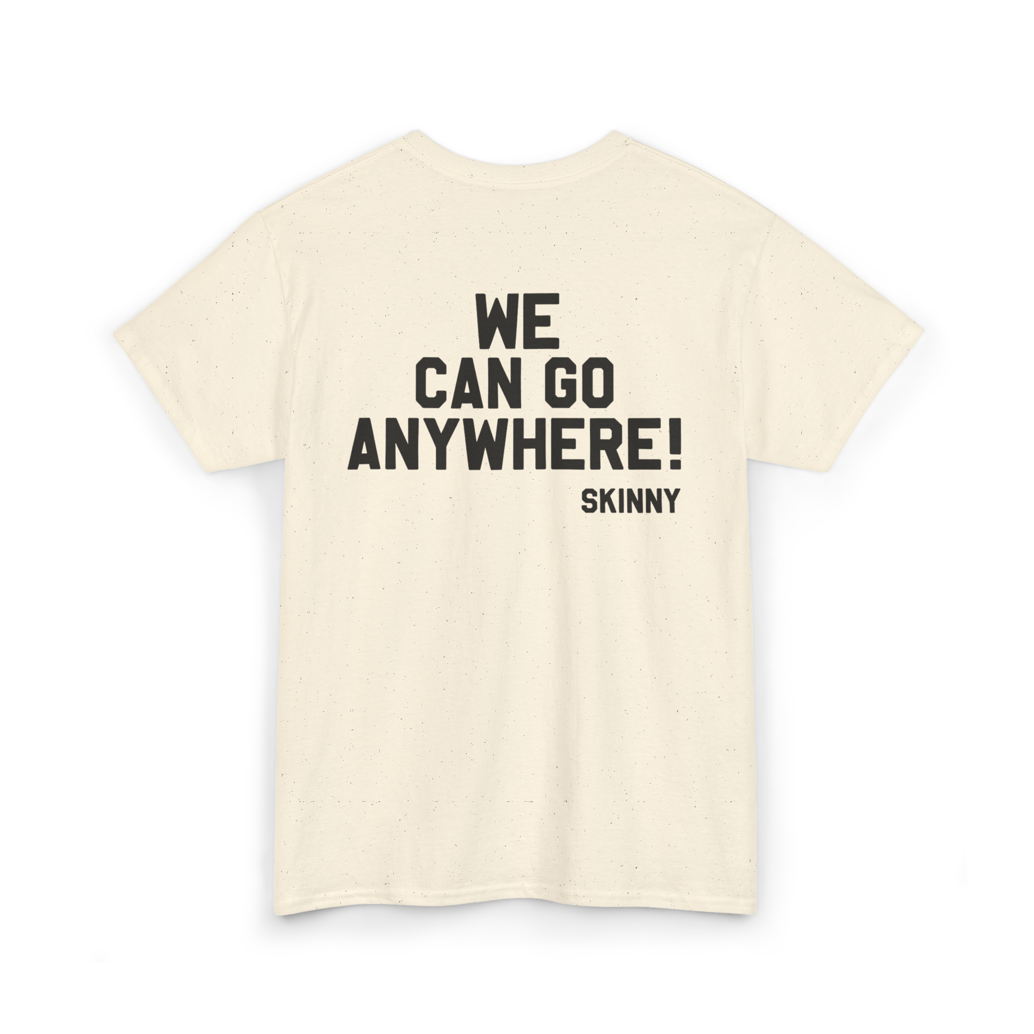 Beige t-shirt with black text on a white background