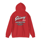 Red hoodie with 'Skinny Joey's Cheesesteaks' text on the back against a white background
