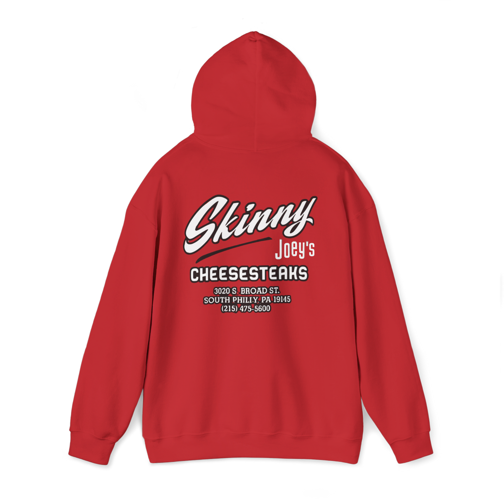 Red hoodie with 'Skinny Joey's Cheesesteaks' text on the back against a white background