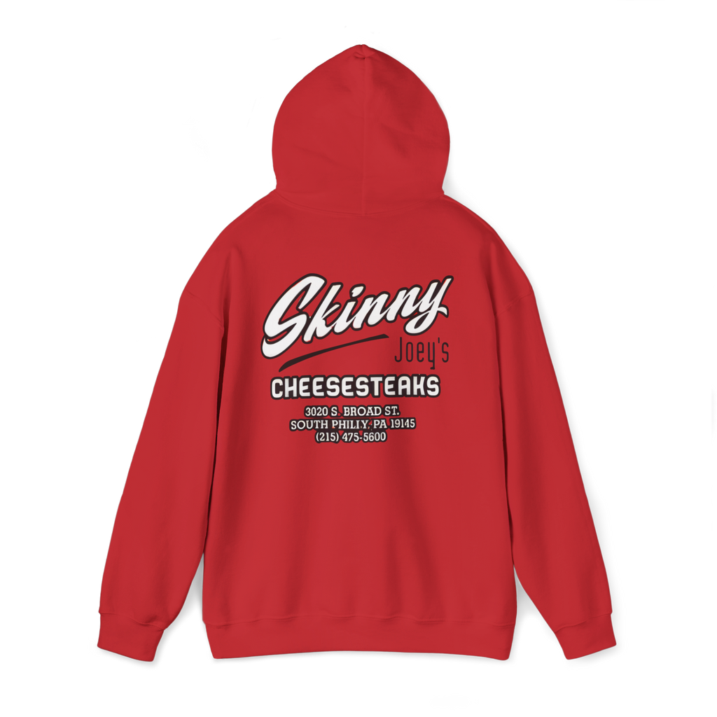 Red hoodie with 'Skinny Joey's Cheesesteaks' text on the back against a white background