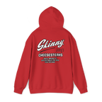 Red hoodie with 'Skinny Joey's Cheesesteaks' text on the back against a white background
