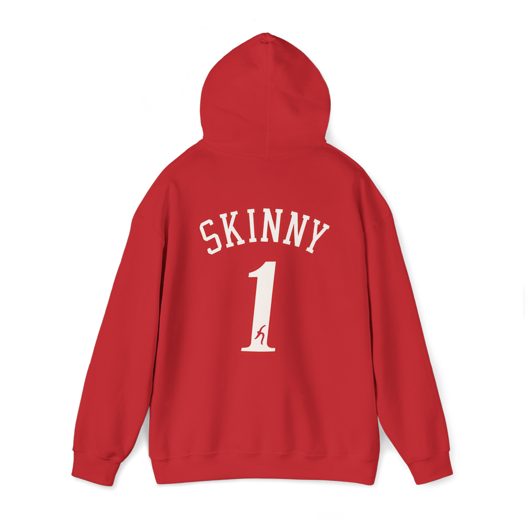 Red hoodie with 'SKINNY 1' text on the back against a white background