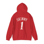 Red hoodie with 'SKINNY 1' text on the back against a white background