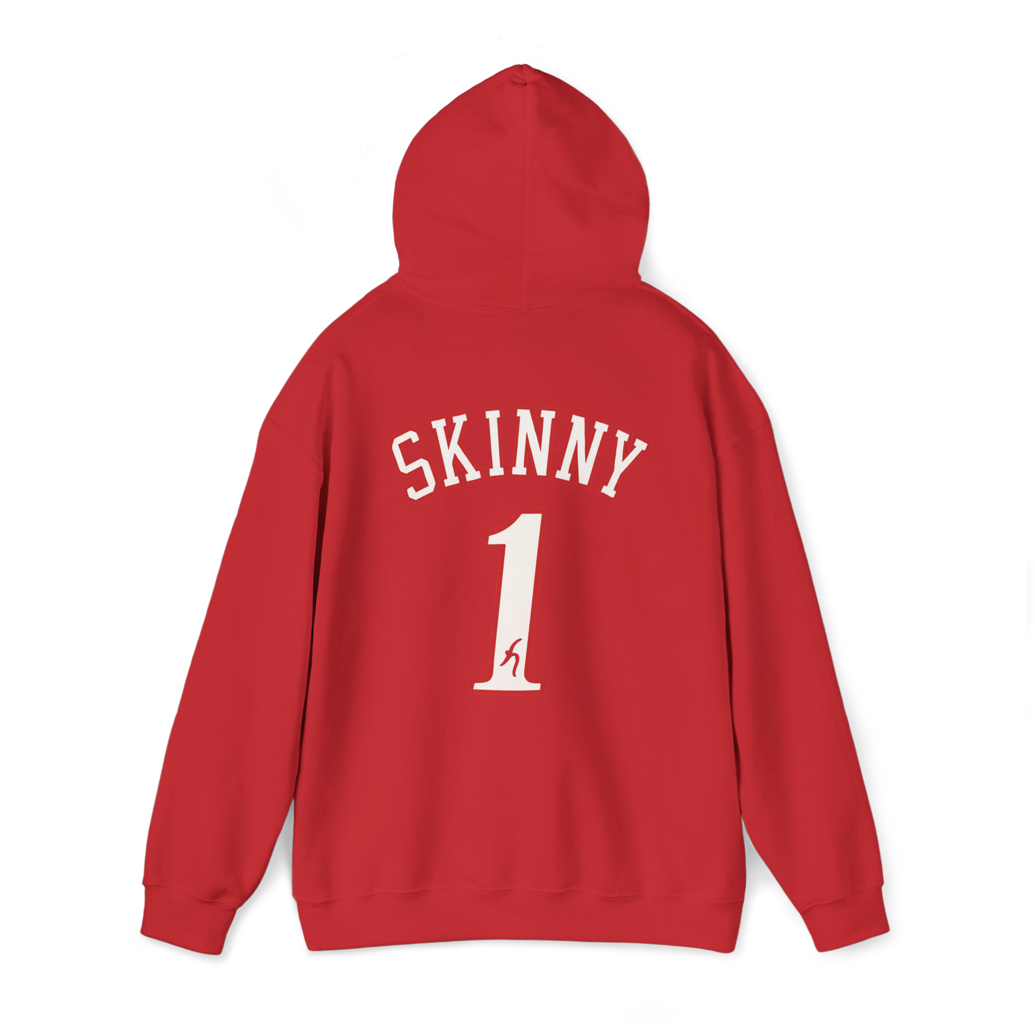 Red hoodie with 'SKINNY 1' text on the back against a white background