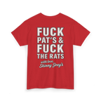 Red t-shirt with graphic text on a white background