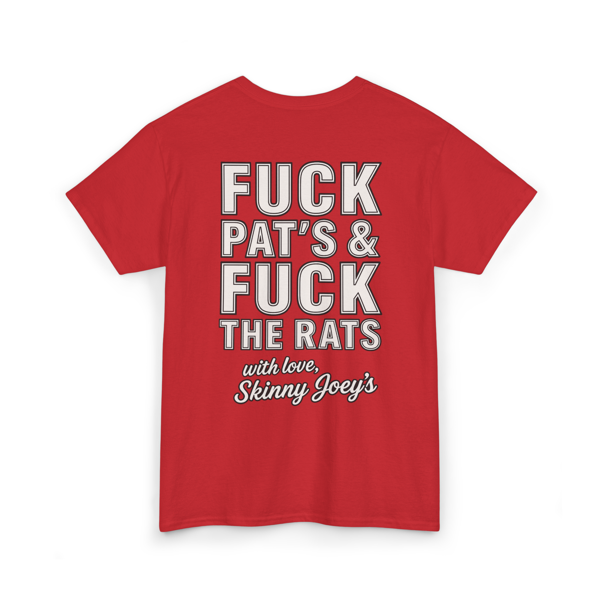 Red t-shirt with graphic text on a white background