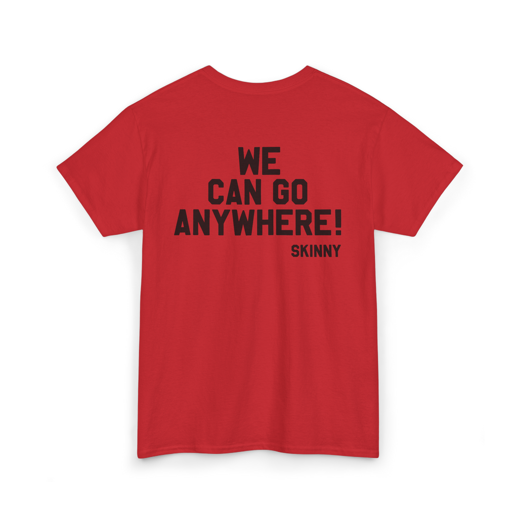 Red t-shirt with black text on the back on a white background