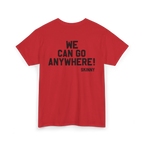 Red t-shirt with black text on the back on a white background