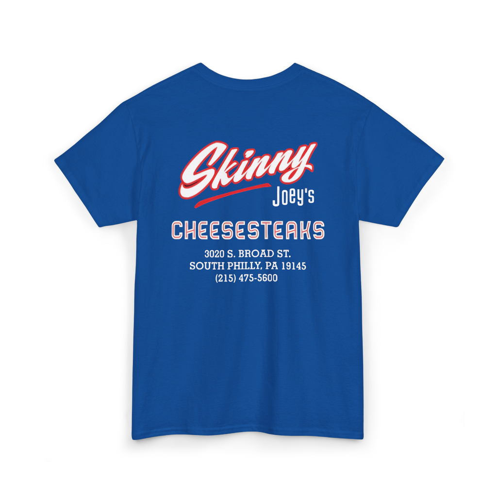 Blue t-shirt with 'Skinny Joey's Cheesesteaks' text on a white background