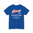 Blue t-shirt with 'Skinny Joey's Cheesesteaks' text on a white background