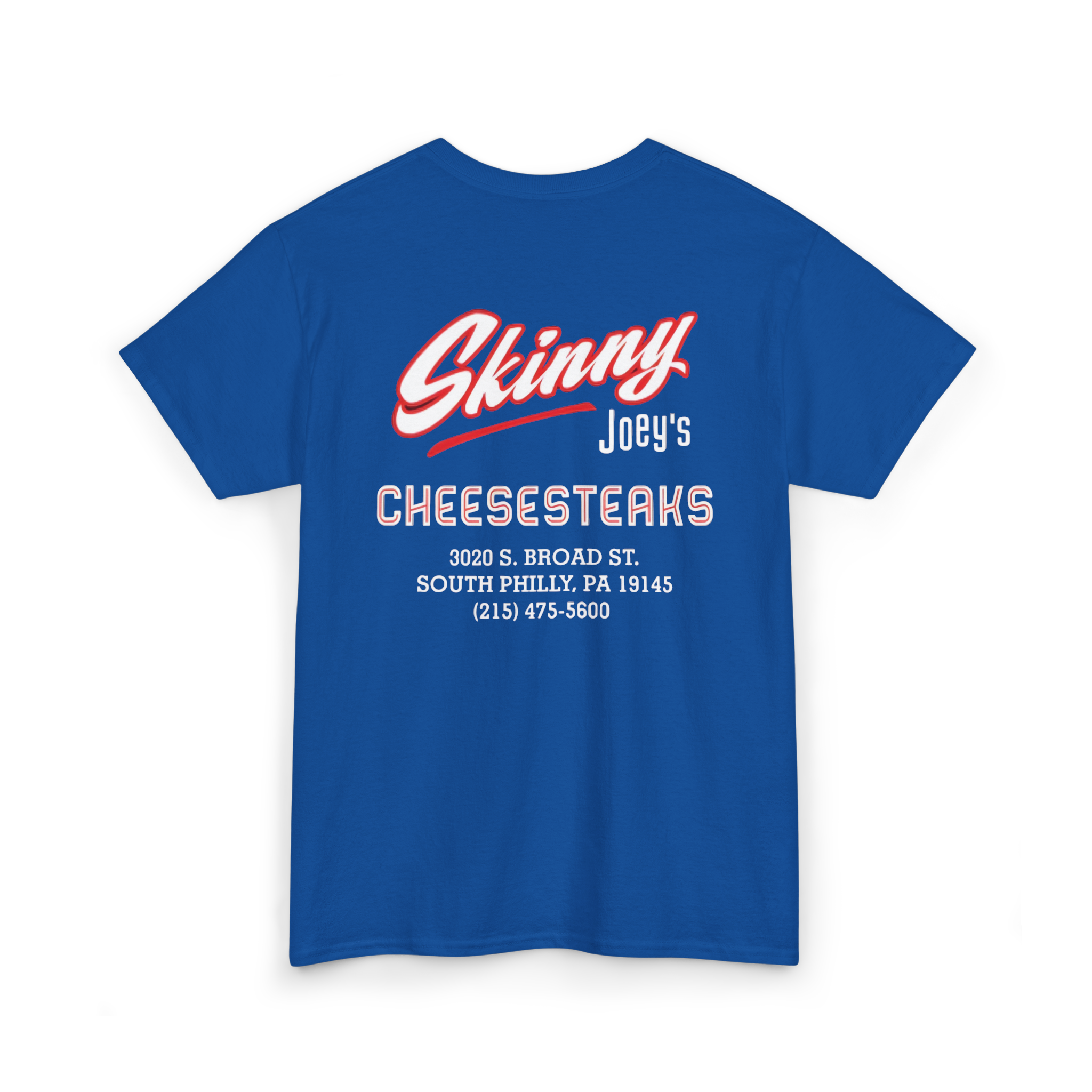 Blue t-shirt with 'Skinny Joey's Cheesesteaks' text on a white background