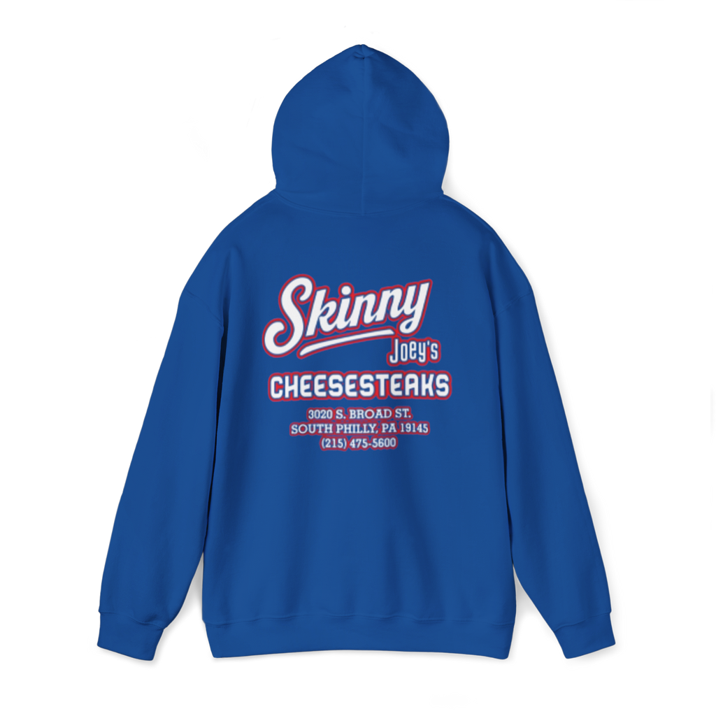 Blue hoodie with 'Skinny Joey's Cheesesteaks' text on a white background
