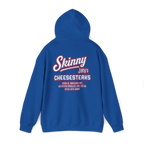 Blue hoodie with 'Skinny Joey's Cheesesteaks' text on a white background