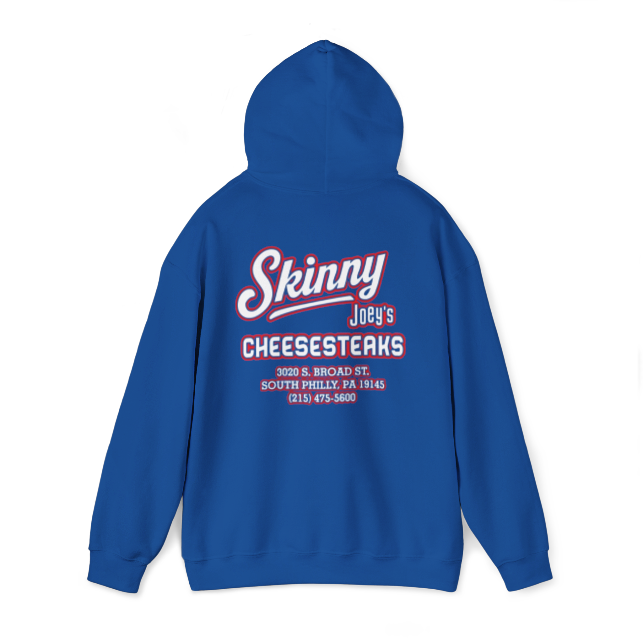 Blue hoodie with 'Skinny Joey's Cheesesteaks' text on a white background