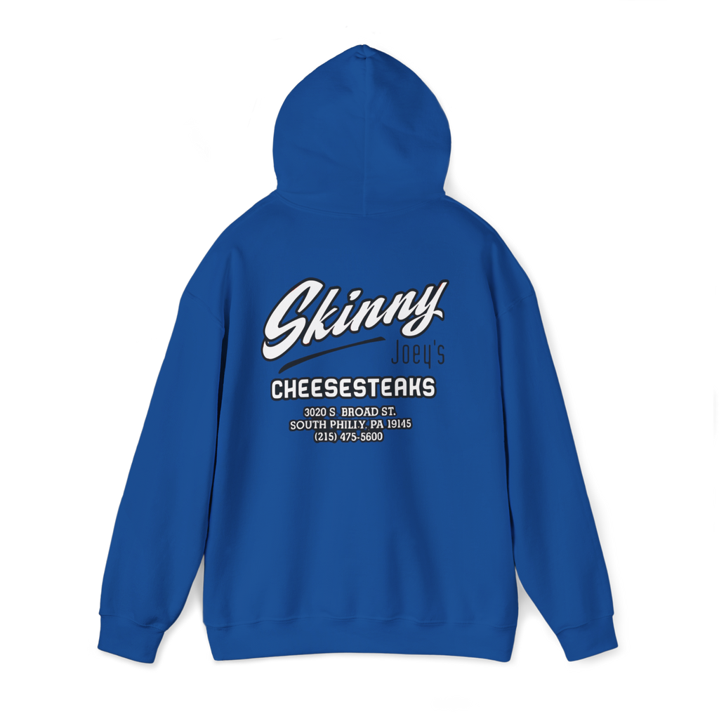 Blue hoodie with 'Skinny Joe's Cheesesteaks' text on the back against a white background