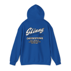 Blue hoodie with 'Skinny Joe's Cheesesteaks' text on the back against a white background