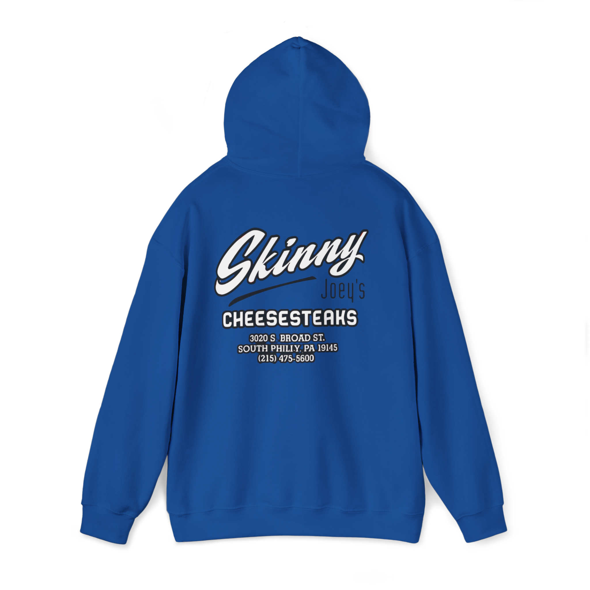 Blue hoodie with 'Skinny Joe's Cheesesteaks' text on the back against a white background