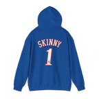 Blue hoodie with 'SKINNY 1' text on the back against a white background