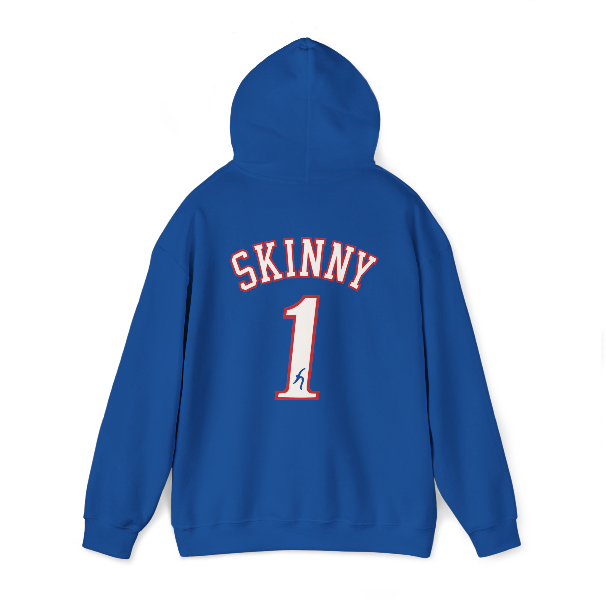 Blue hoodie with 'SKINNY 1' text on the back against a white background