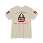 Beige t-shirt with graphic design and text on a white background