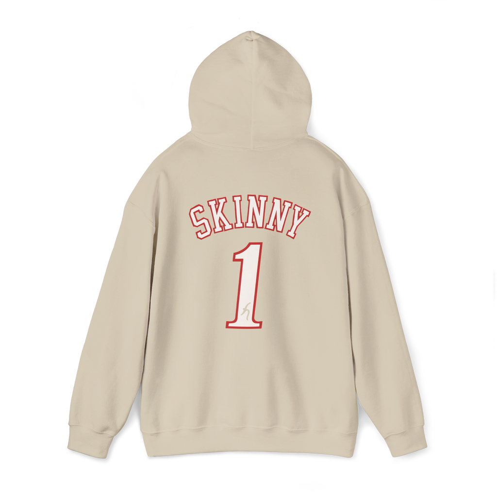 Beige hoodie with 'SKINNY 1' text on the back against a white background