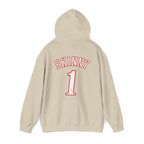 Beige hoodie with 'SKINNY 1' text on the back against a white background