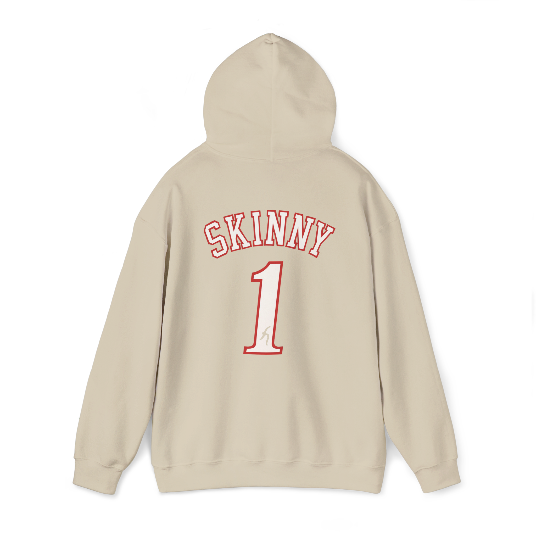 Beige hoodie with 'SKINNY 1' text on the back against a white background