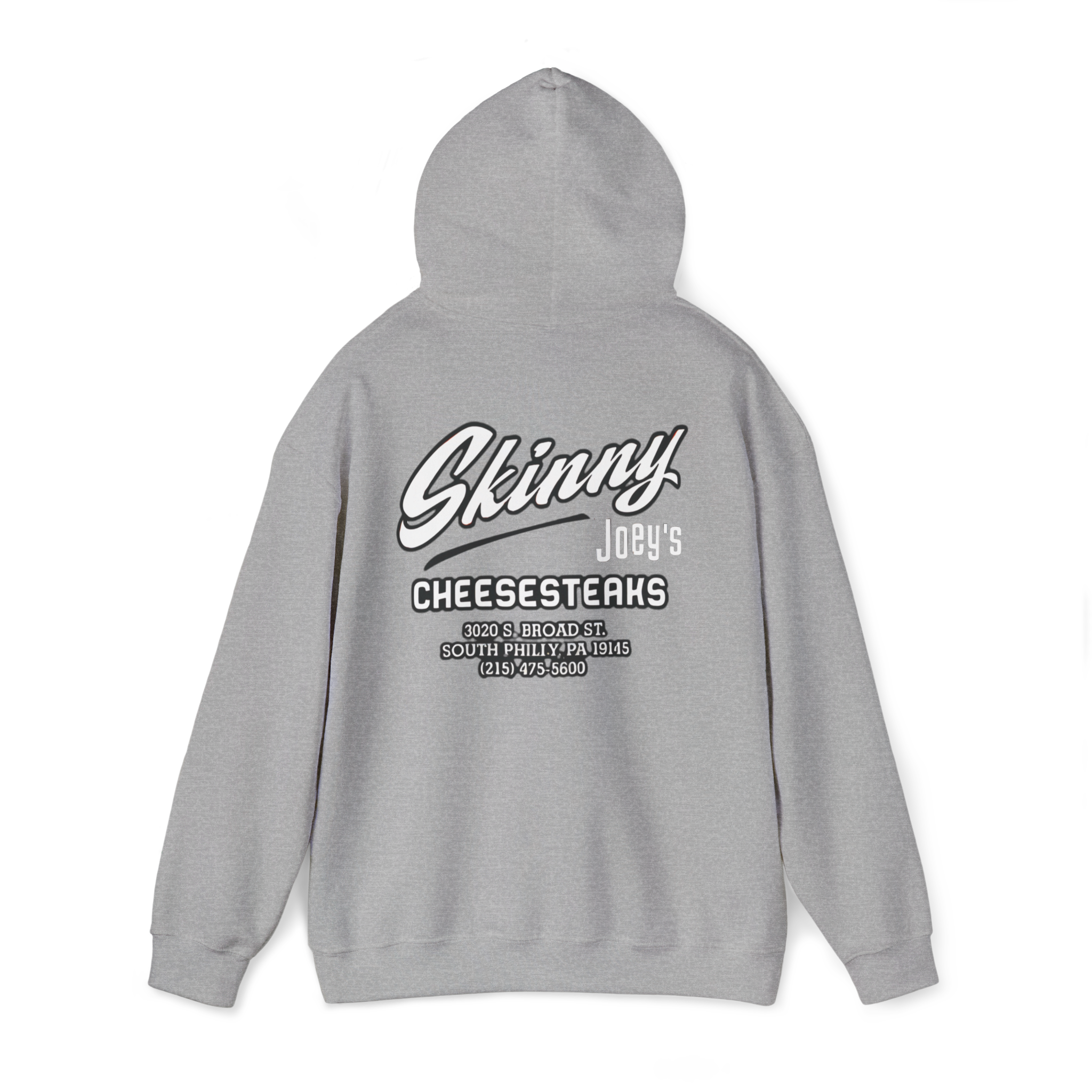 Gray hoodie with 'Skinny Joey's Cheesesteaks' text on the back against a white background