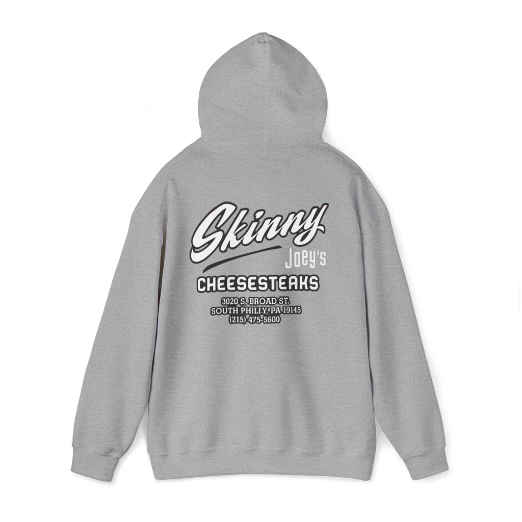 Gray hoodie with 'Skinny Joey's Cheesesteaks' text on the back against a white background