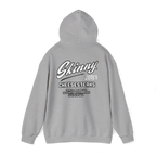 Gray hoodie with 'Skinny Joey's Cheesesteaks' text on the back against a white background