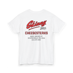 White t-shirt with red and black text on a white background