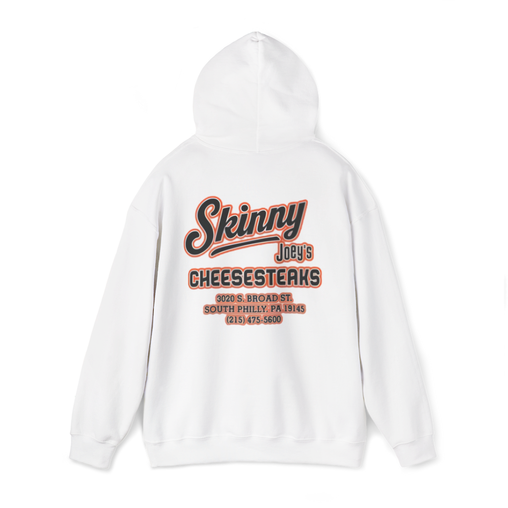 White hoodie with 'Skinny Joey's Cheesesteaks' text on the back against a white background