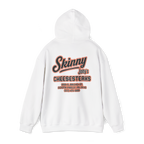 White hoodie with 'Skinny Joey's Cheesesteaks' text on the back against a white background