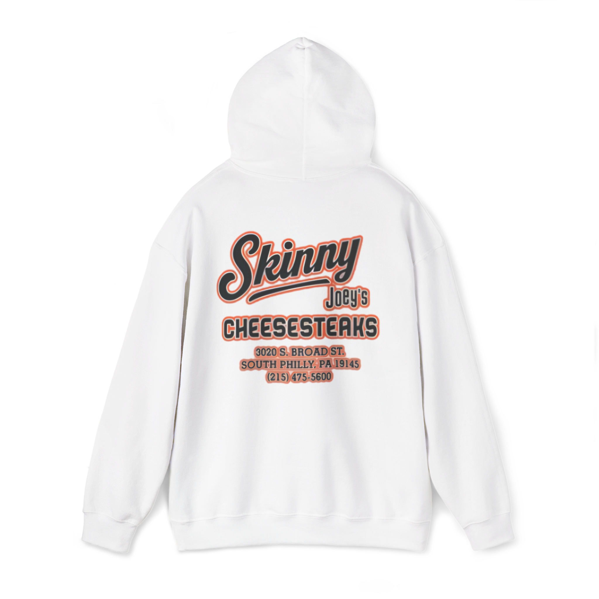 White hoodie with 'Skinny Joey's Cheesesteaks' text on the back against a white background