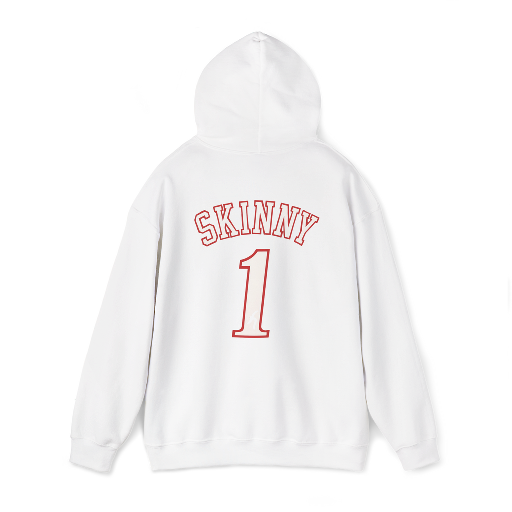White hoodie with red text on a white background
