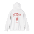 White hoodie with red text on a white background