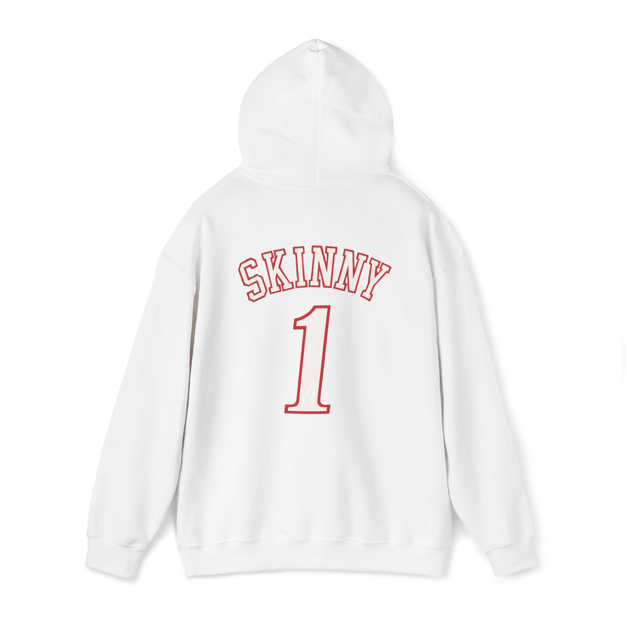 White hoodie with red text on a white background