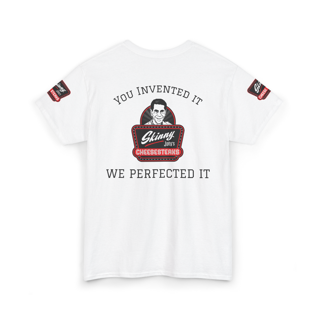 White t-shirt with graphic design and text on a white background