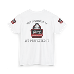 White t-shirt with graphic design and text on a white background