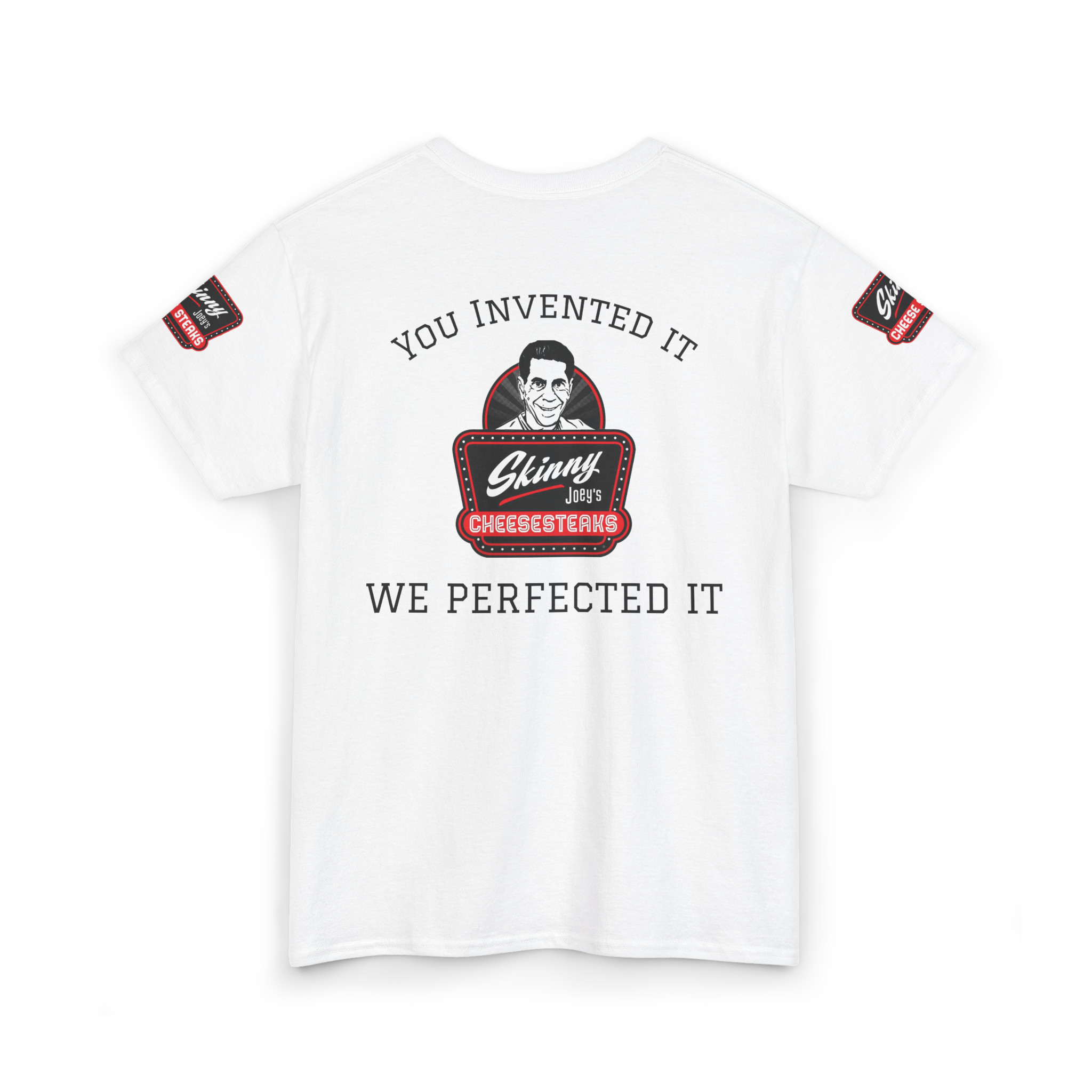 White t-shirt with graphic design and text on a white background