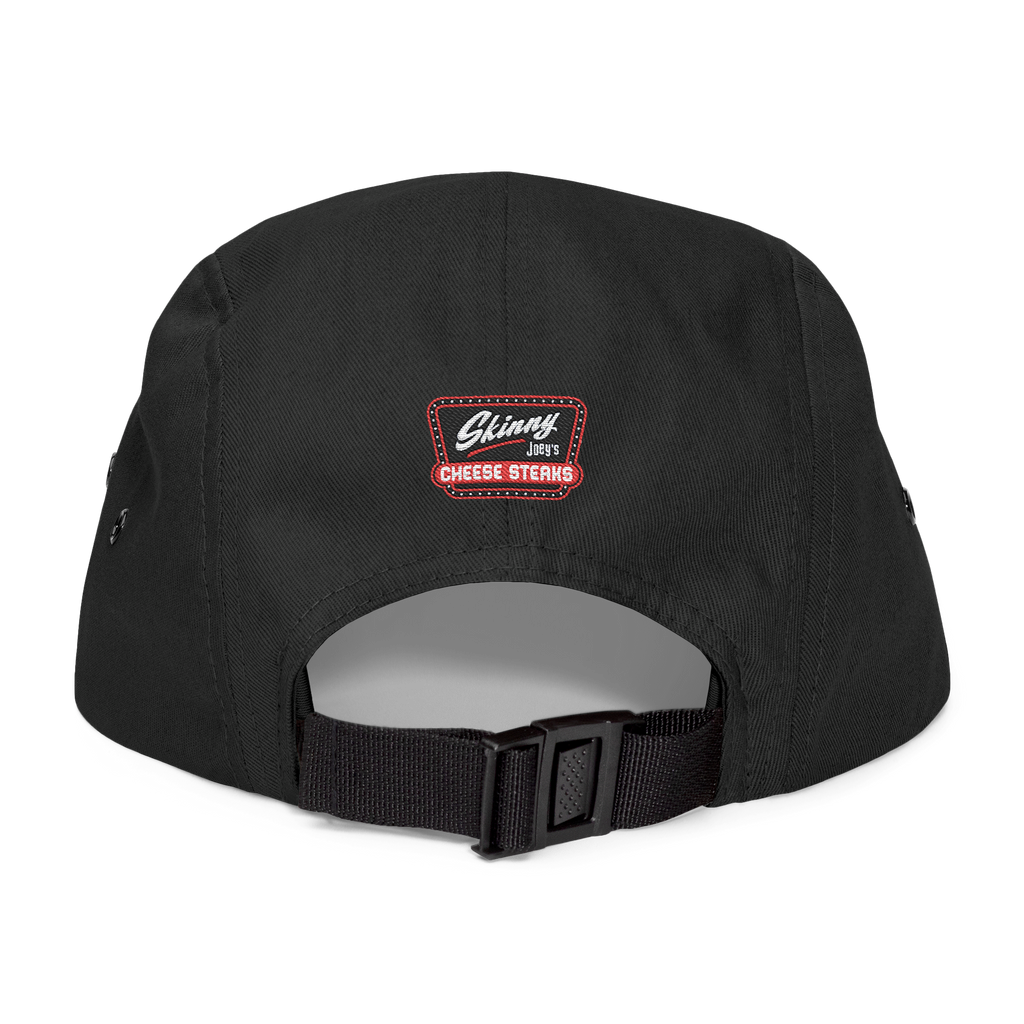 Black cap with a logo on the back against a white background