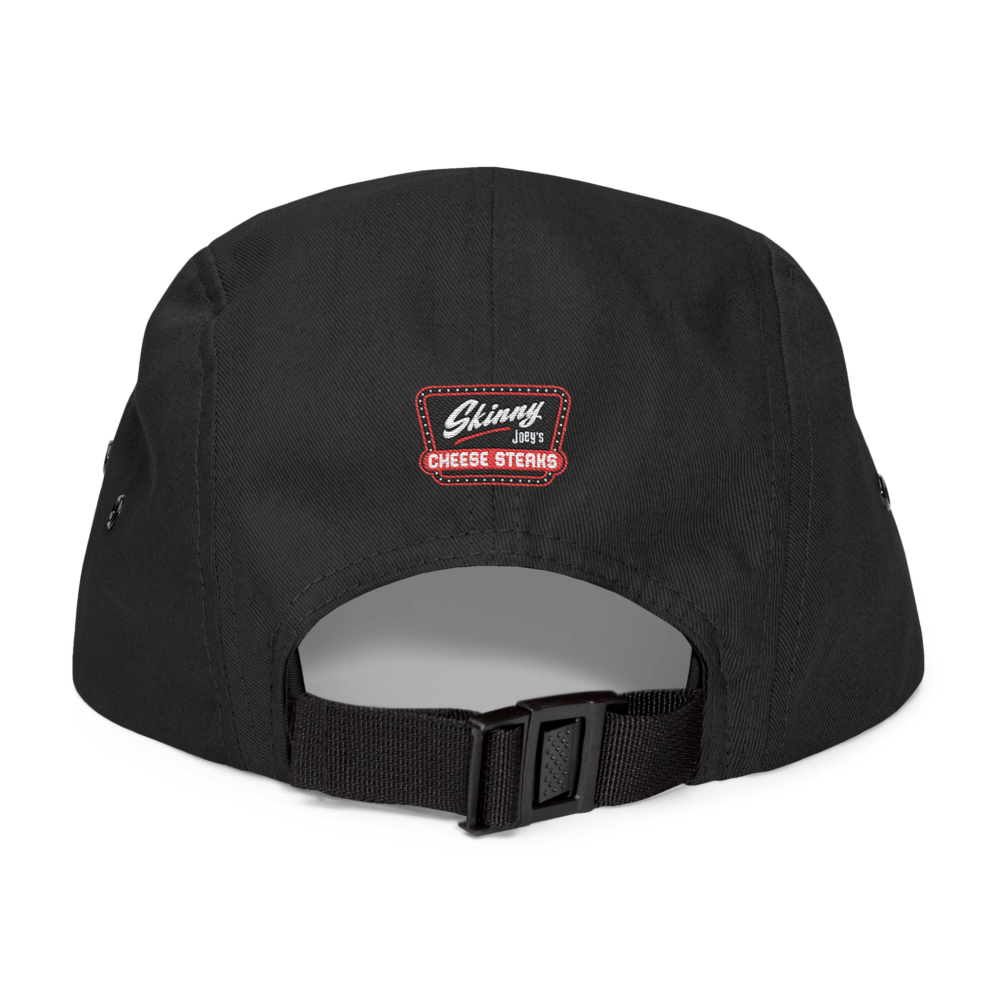 Black cap with a logo on the back against a white background