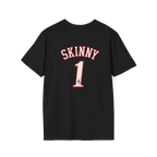 Black t-shirt with 'SKINNY 1' print on a white background