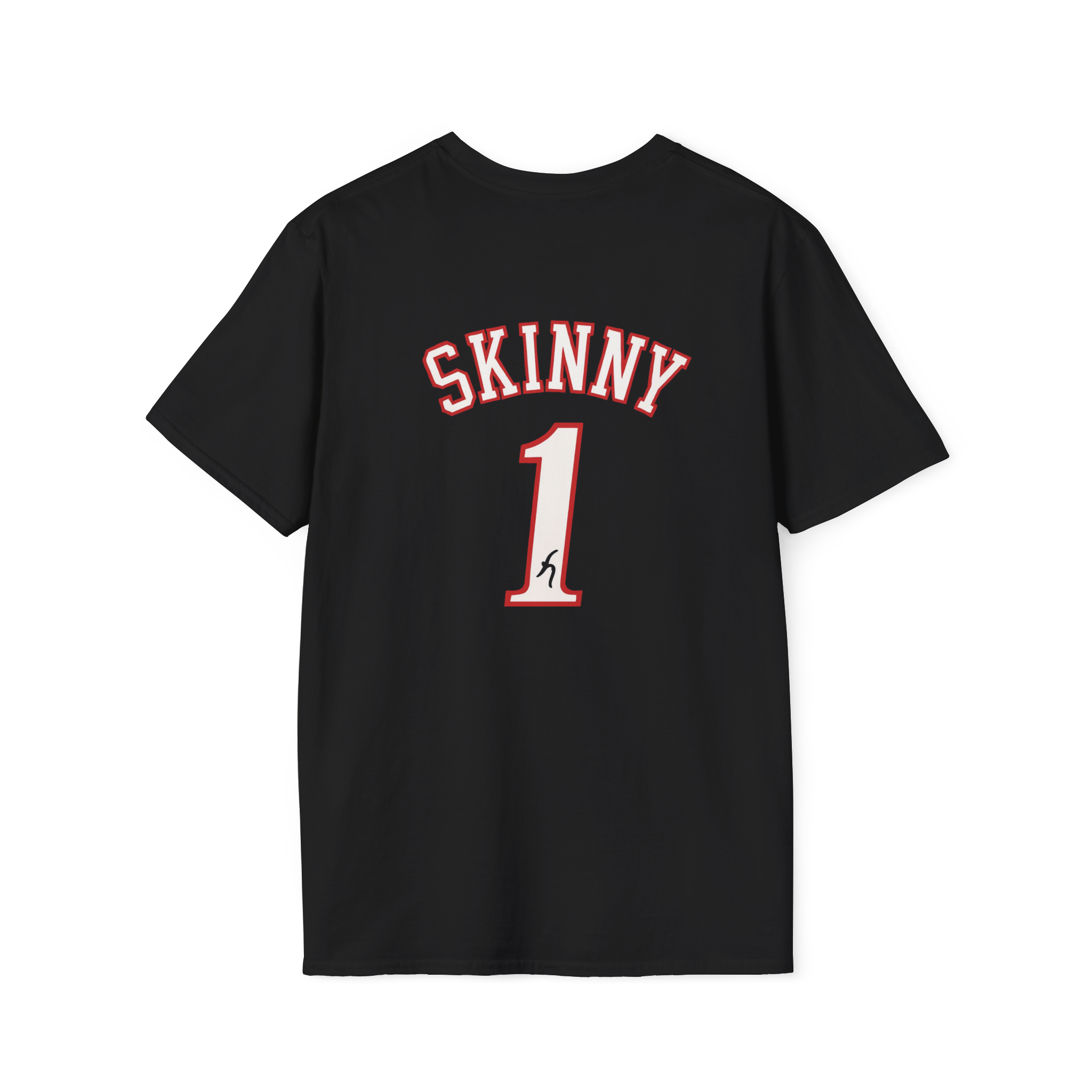 Black t-shirt with 'SKINNY 1' print on a white background