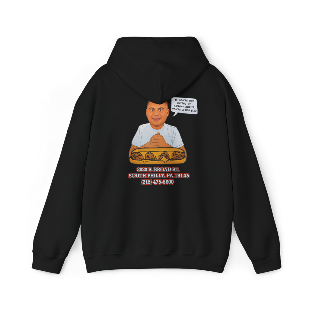 Black hoodie with a graphic design on the back featuring a person and text, on a white background.