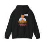 Black hoodie with a graphic design on the back featuring a person and text, on a white background.