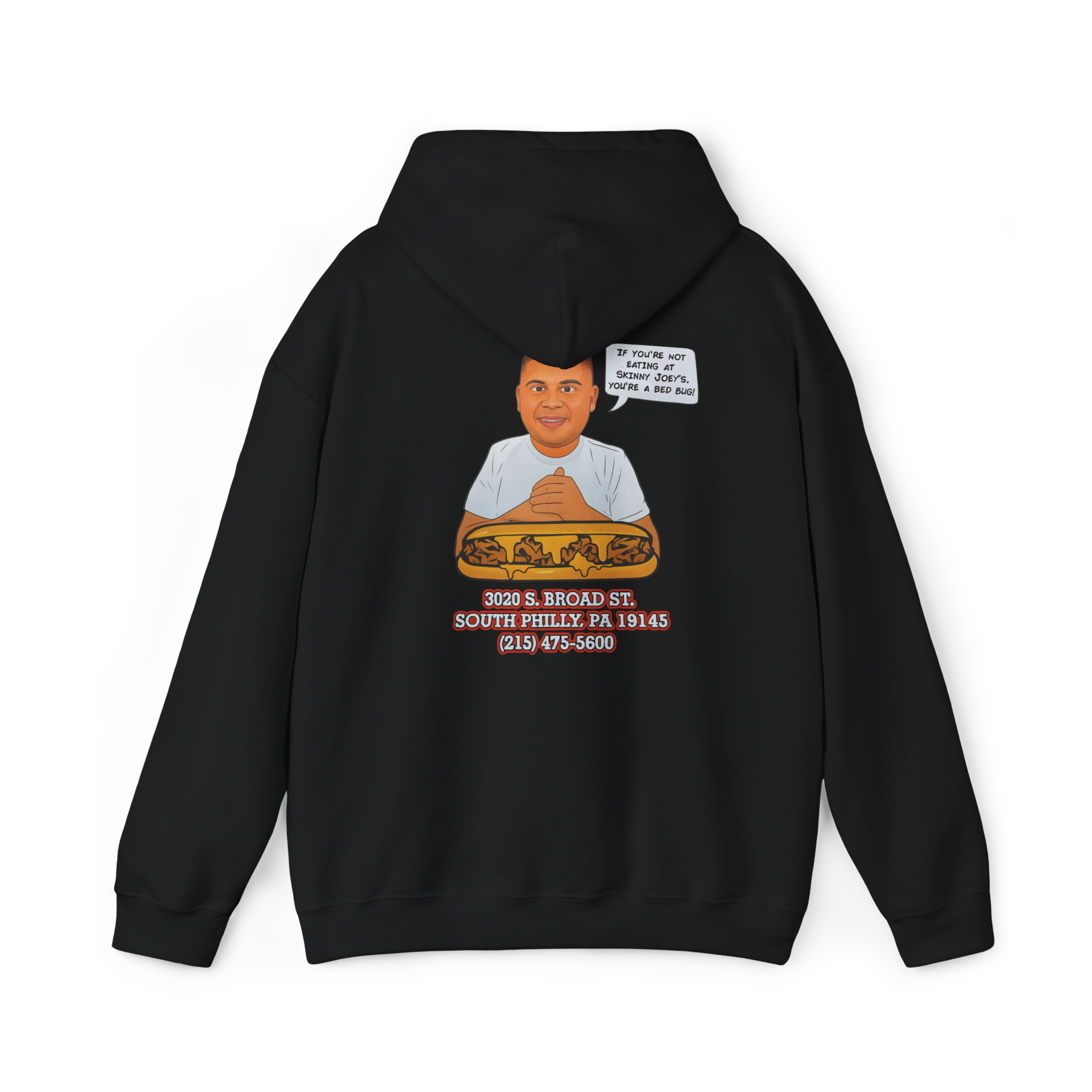 Black hoodie with a graphic design on the back featuring a person and text, on a white background.