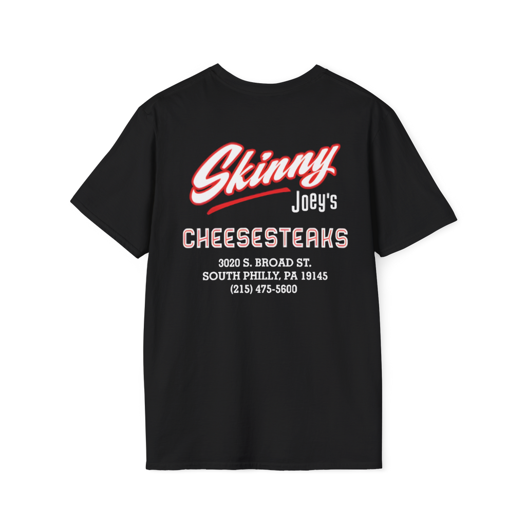 Black t-shirt with red and white text on a white background