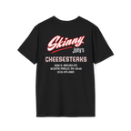 Black t-shirt with red and white text on a white background